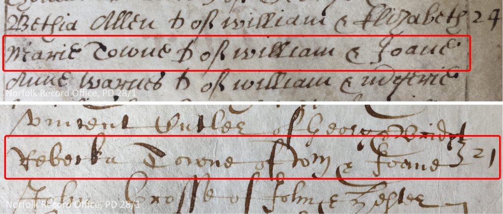 Baptism entries for two of the Salem witches, namely Mary Towne and Rebecca Towne