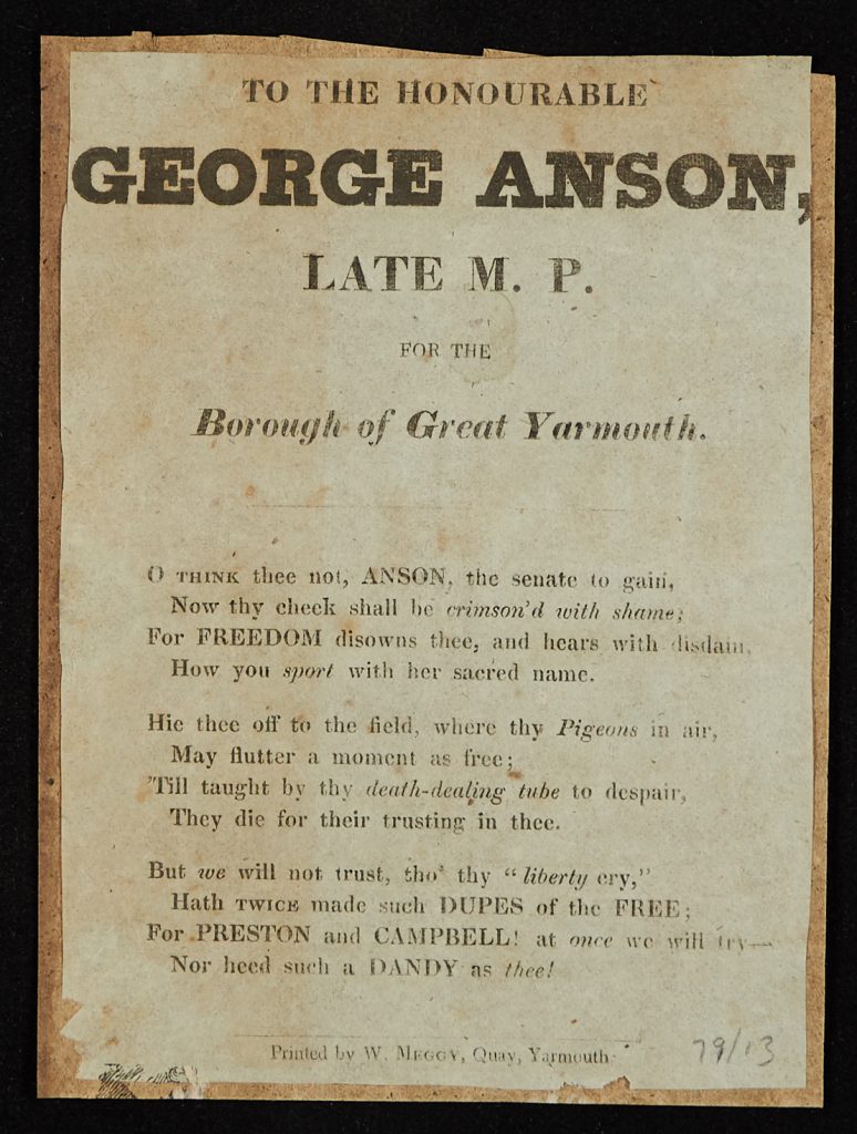 Great Yarmouth political squibs: squib regarding George Anson, former MP for Great Yarmouth, circa 1830