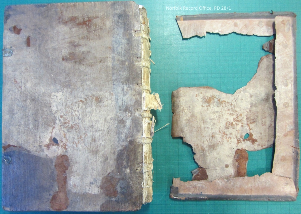 The NRO conservator has removed the leather from the original boards. They are probably oak.