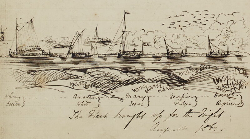 Sketch of sail boats on the Norfolk Broads from an early holiday journal, purchased by the Norfolk Record Office with support from NorAH