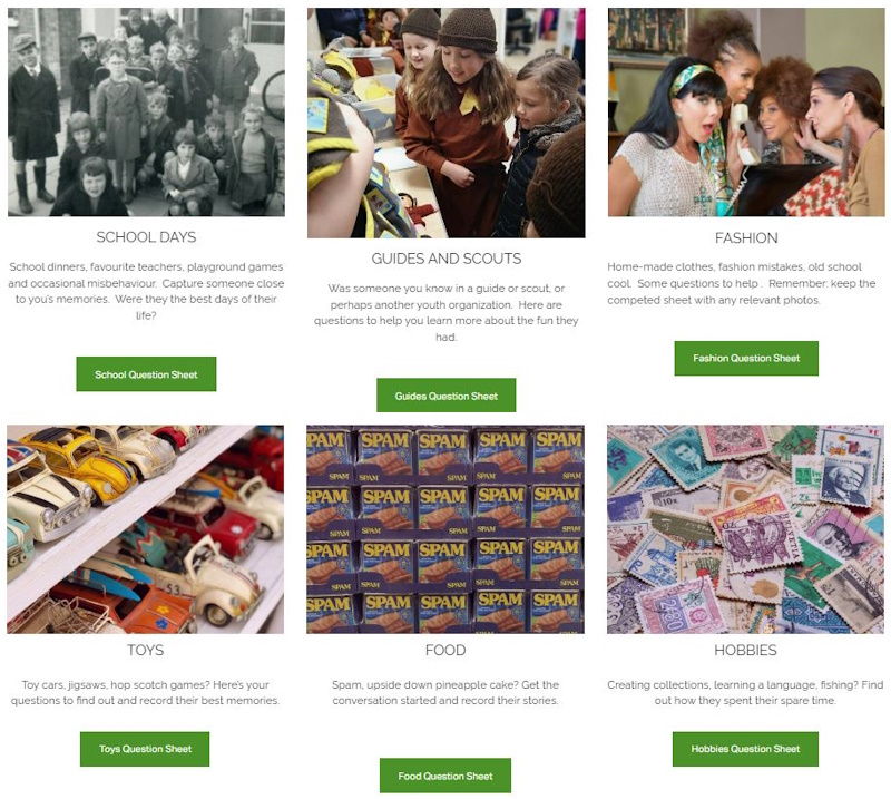 Screenshot of the History Begins at Home website showing images, introductory text, and links to six question sheets on school days, Guides and Scouts, fashion, toys, food, and hobbies.