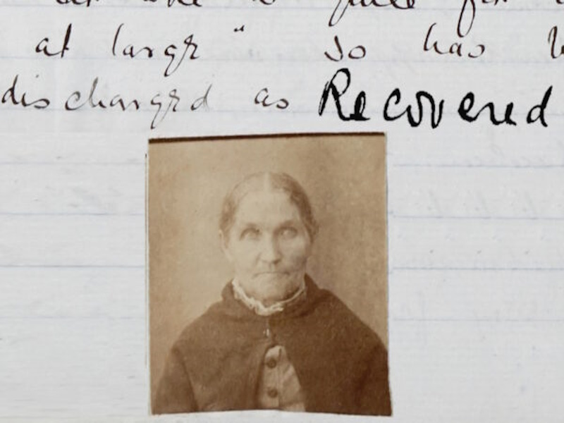 Extract from patient case papers of Norfolk County Asylum showing photograph of a recovered patient.